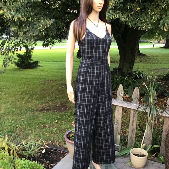 boutique Pants - TARTAN LINED JUMPSUIT WIDE LEG ADJUSTABLE  BOW IN BACK